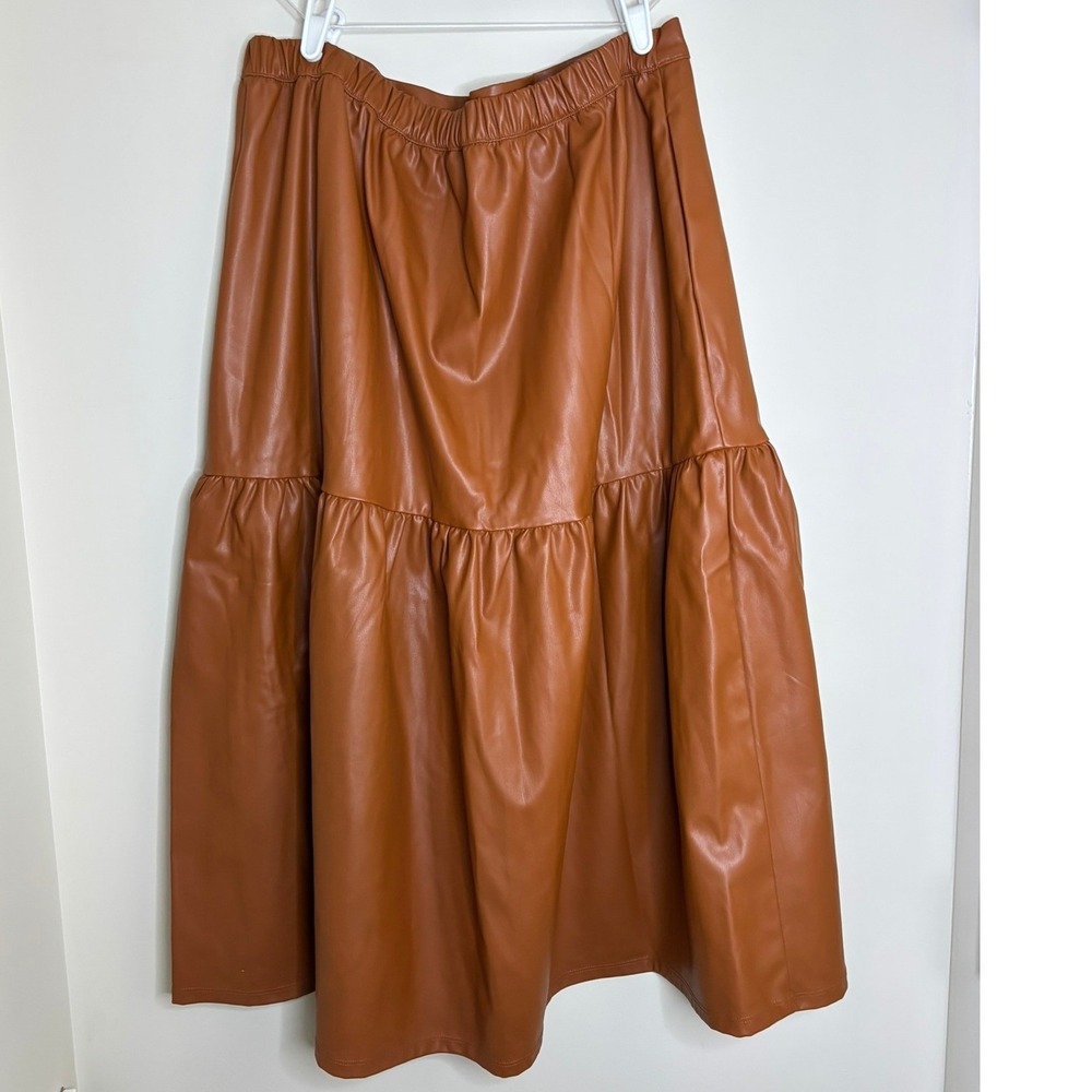 Who What Wear Faux Leather Tiered Midi Skirt Cognac Brown Womens XL New Neutral - Picture 2 of 9
